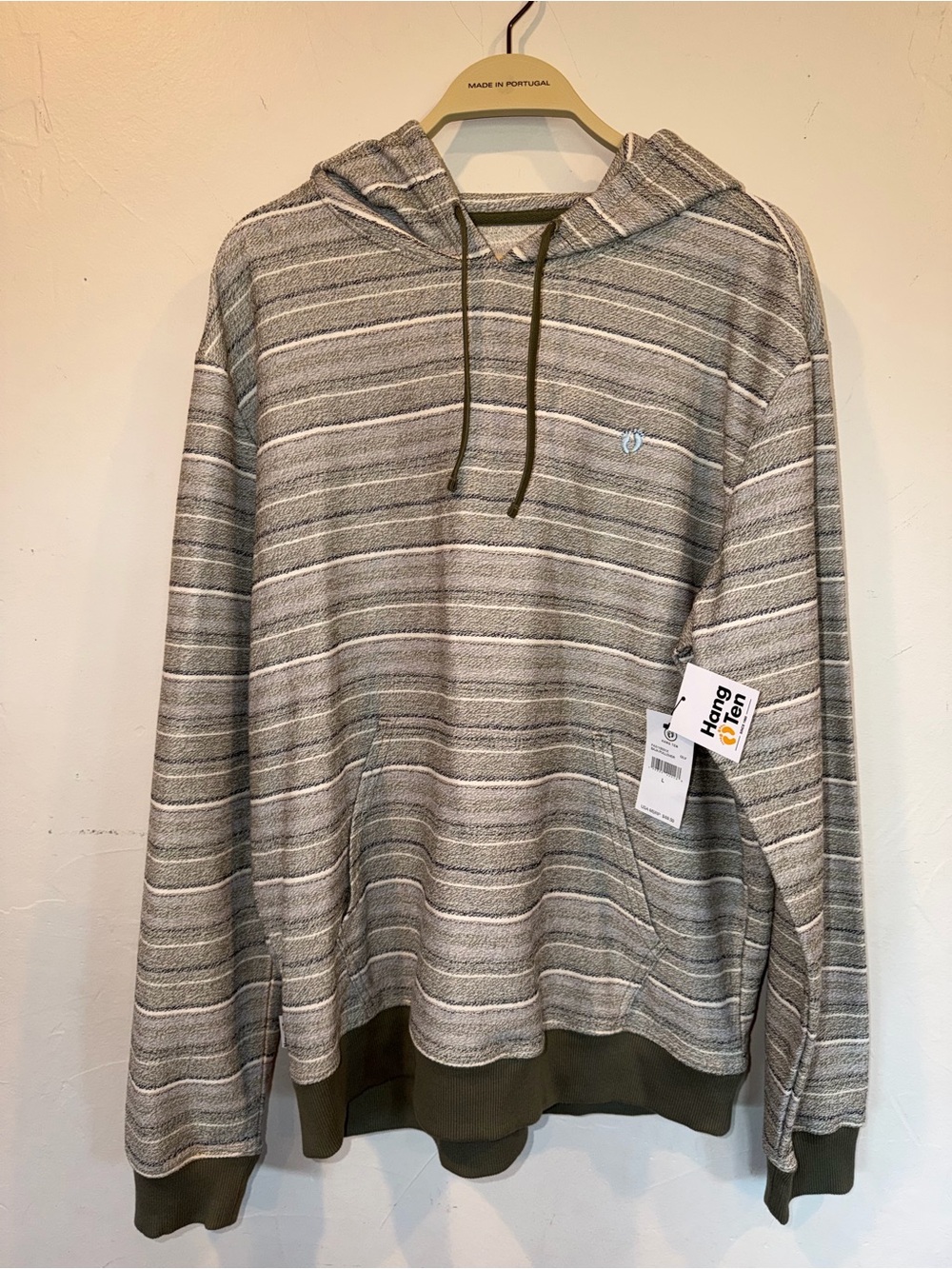 Hang Ten Olive Green Gray Striped Hooded Beach Casual Pullover - Brand New
